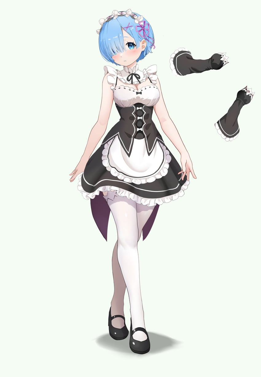 Re:从零开始的异世界生活、雷姆 (从零开始的异世界生活) 1名女孩 围裙 黑色紧身胸衣 黑色丝带 黑鞋
