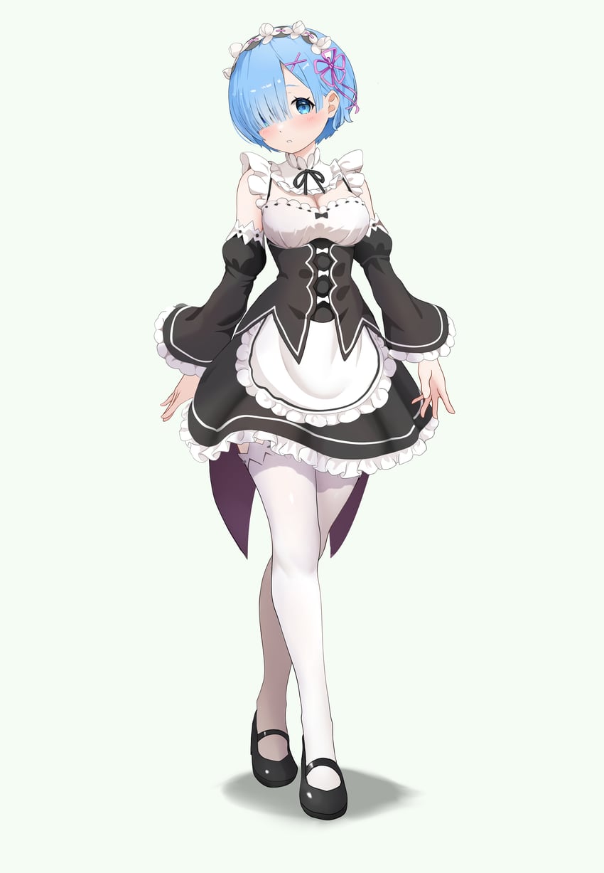 Re:从零开始的异世界生活、雷姆 (从零开始的异世界生活) 1名女孩 围裙 黑色紧身胸衣 黑色丝带 黑鞋