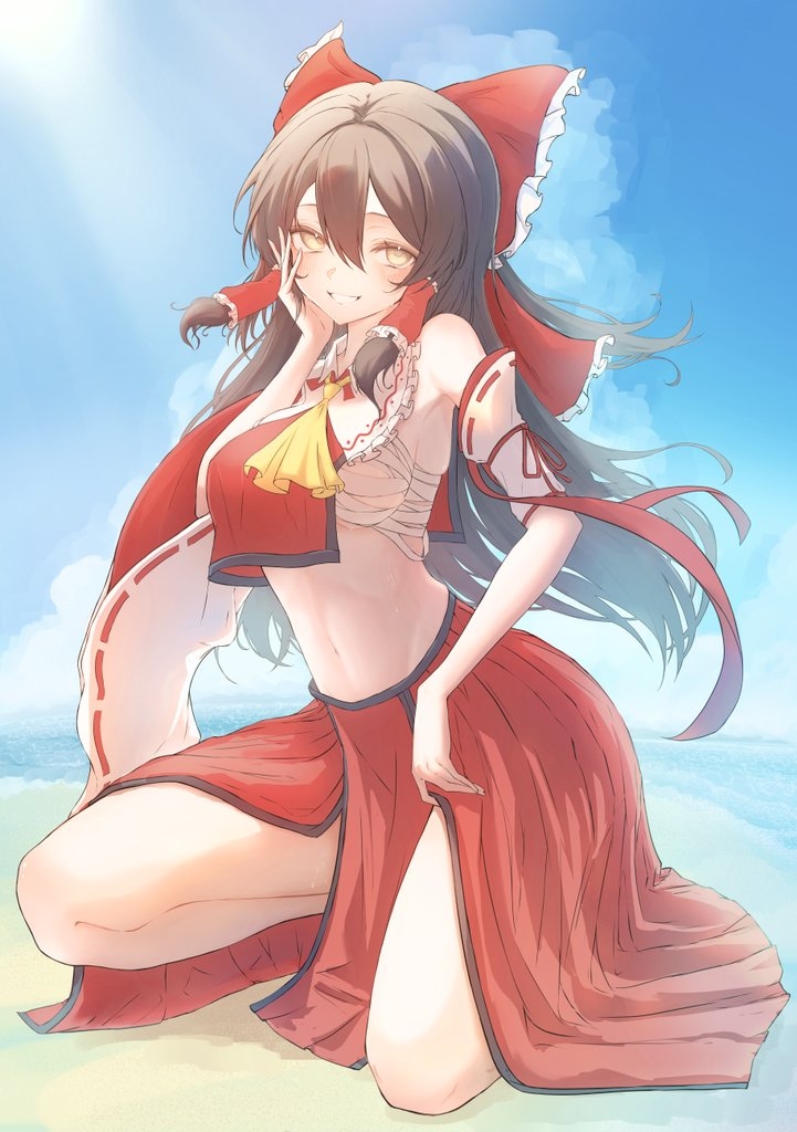 东方Project、博丽灵梦 1名女孩 改装服装 阿斯科特领巾 海滩 蓝天