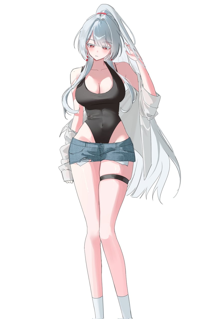 鸣潮、灯灯 (鸣潮) 1名女孩 黑色紧身连体衣 乳房 乳沟 锁骨