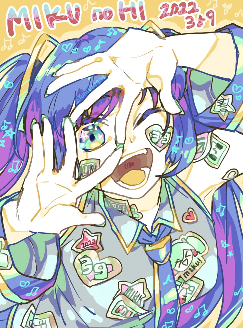 VOCALOID、初音未来 1名女孩 2022年 39 举起双手 蓝眼