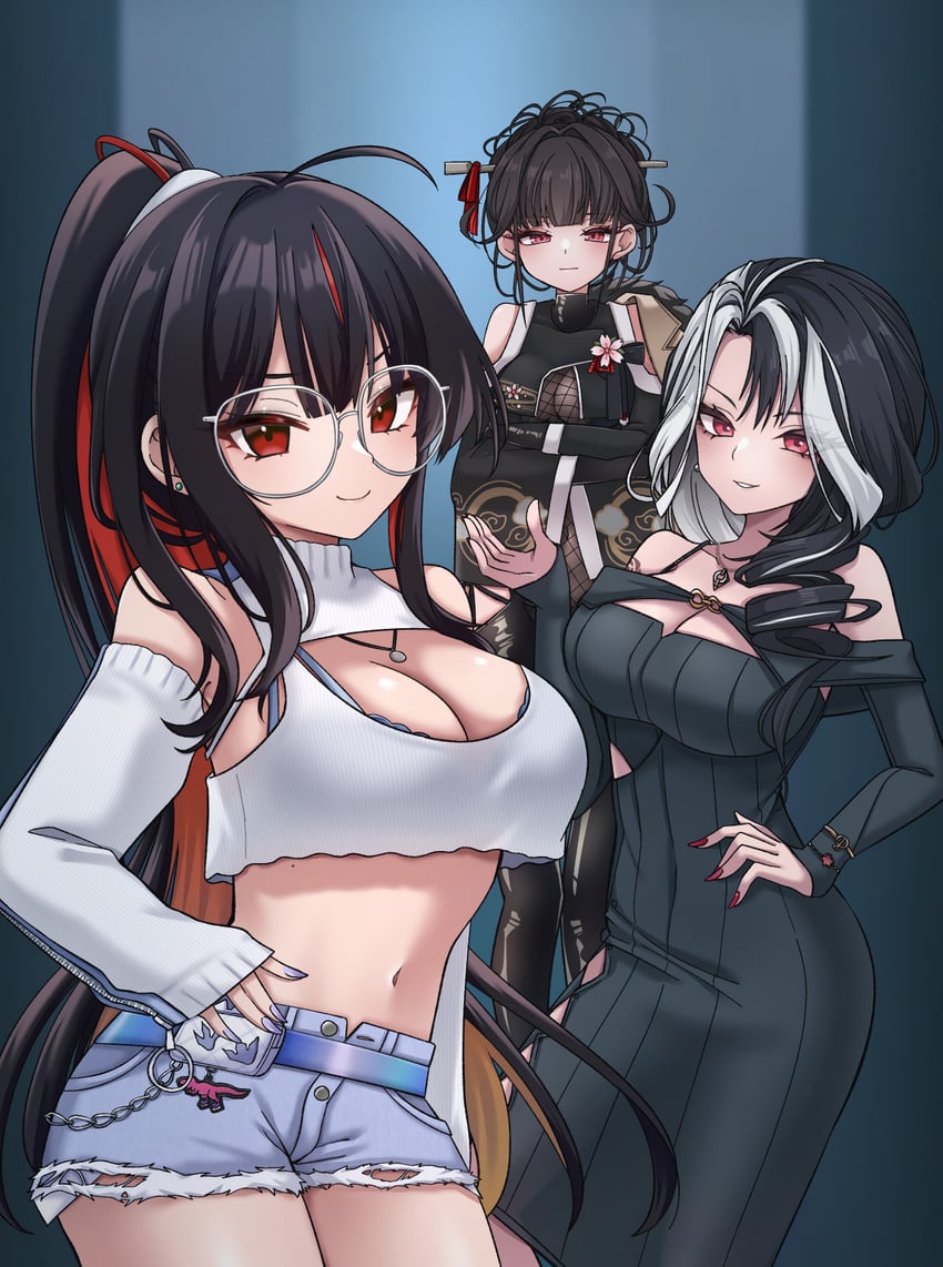 胜利女神：妮姬、牡丹 (胜利女神：妮姬)、莫兰 (下班女王) (妮姬) 3人女子 黑色连体衣 黑色连衣裙 黑发 紧身连体衣