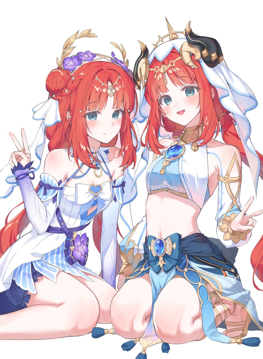 原神、妮露 (花神之舞) (原神)、妮露 (原神) 2名女孩 水色瞳 露肩 蓝色宝石 蓝色丝带