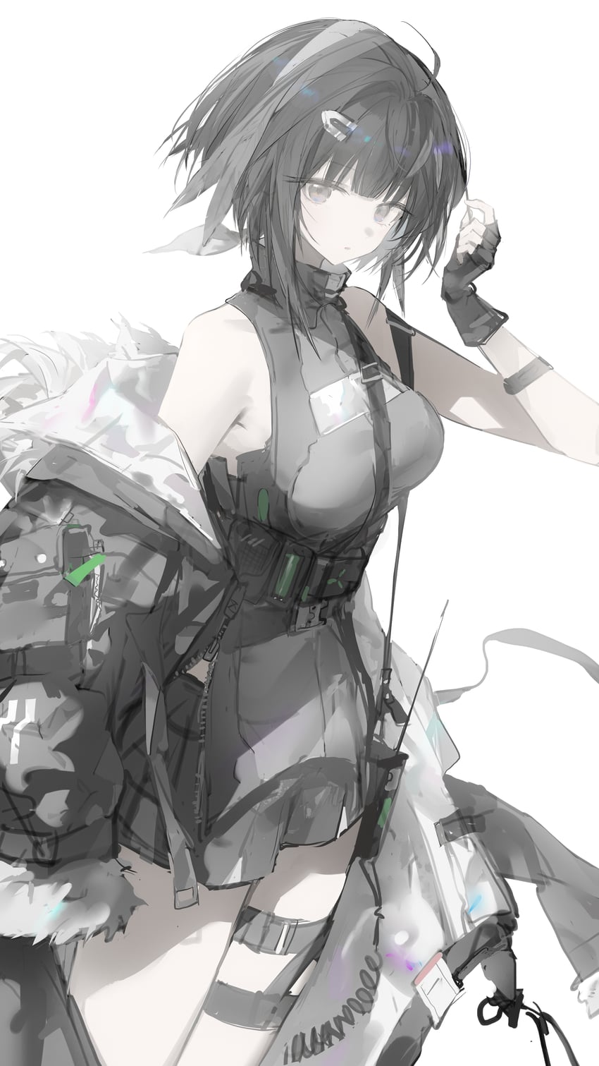 明日方舟、羽毛笔 (明日方舟) 1名女孩 露肩 黑色大衣 黑色手套 黑发