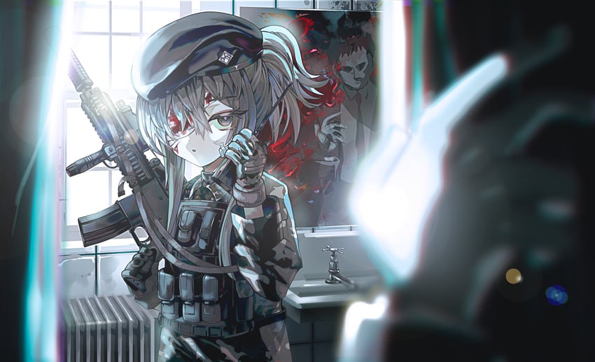 原创 1名女孩 突击步枪 单眼绷带 贝雷帽 血