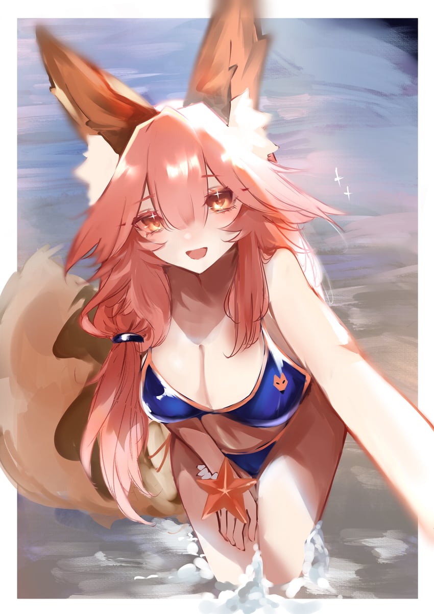Fate系列、玉藻前 (Fate)、玉藻前 (泳装枪阶) (Fate) 1名女孩 兽耳毛 兽耳 弯腰 比基尼