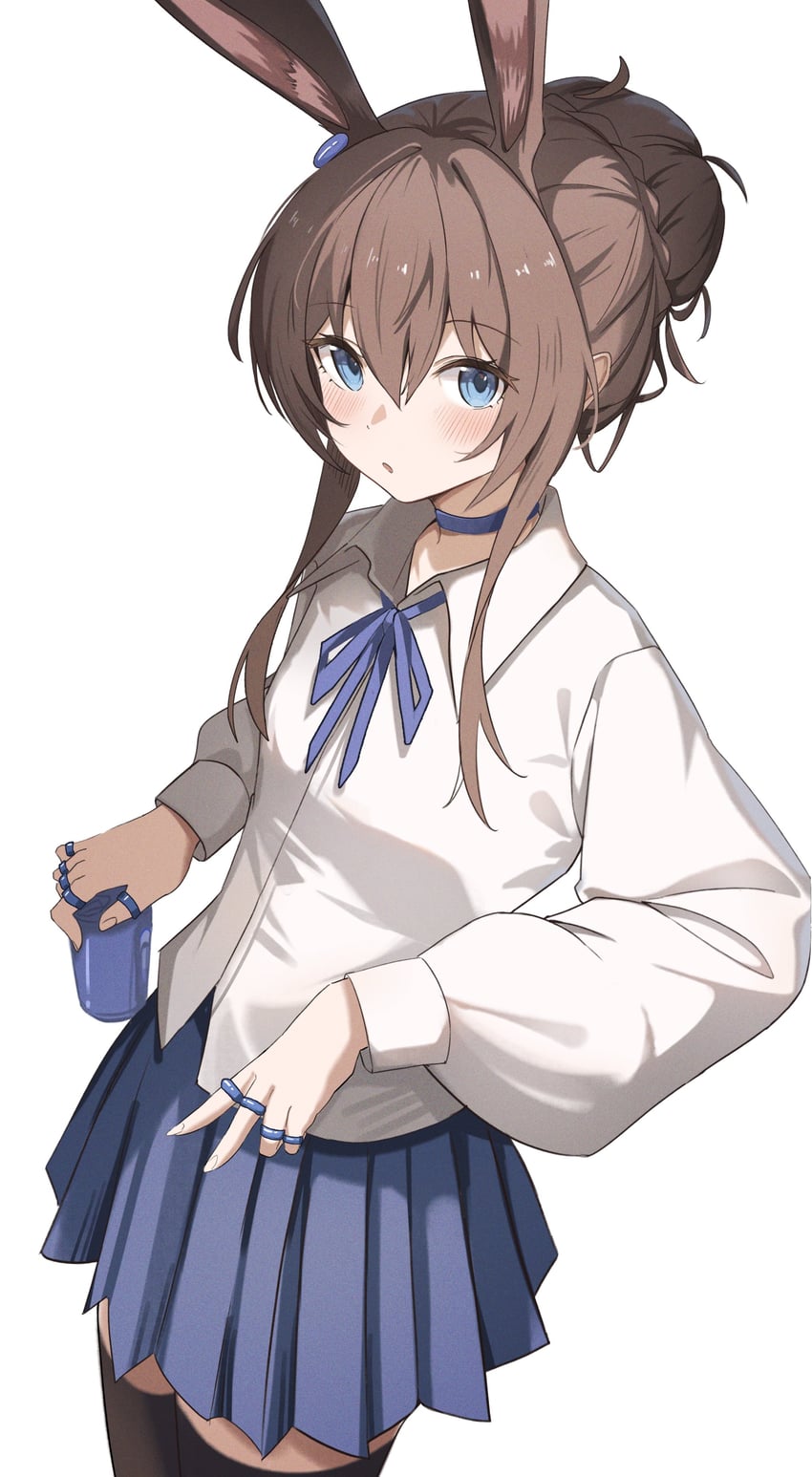 明日方舟、阿米娅 (明日方舟) 1名女孩 兽耳 黑色过膝袜 蓝色项圈 蓝眼