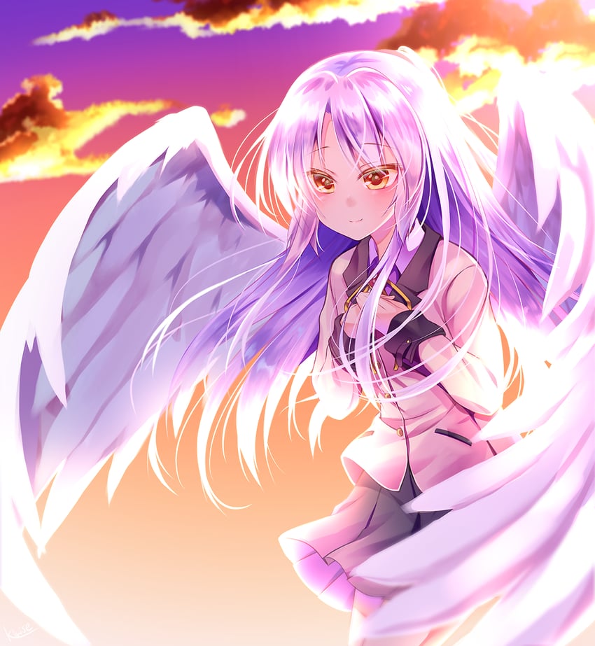 Angel Beats!、立华奏 1名女孩 天使 天使翅膀 逆光 黑色裙子