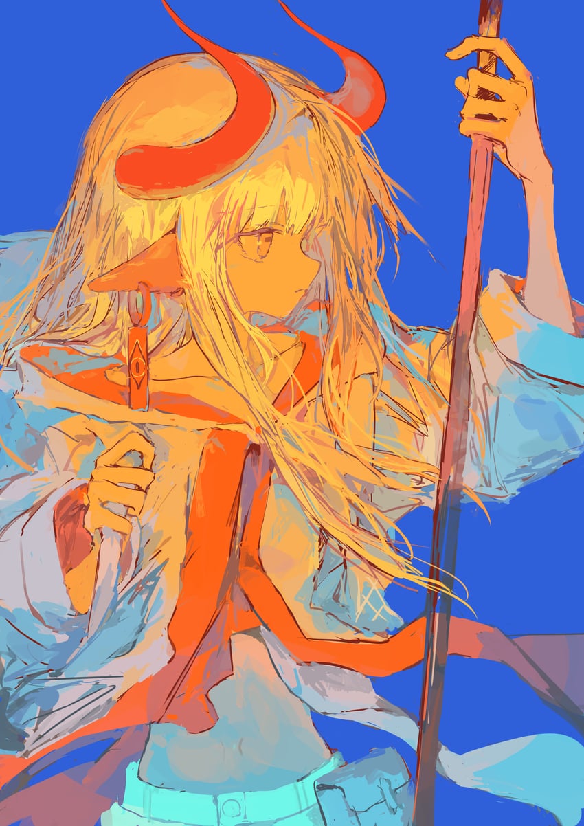 原创 1名女孩 腰包 蓝色背景 露脐上衣 耳环
