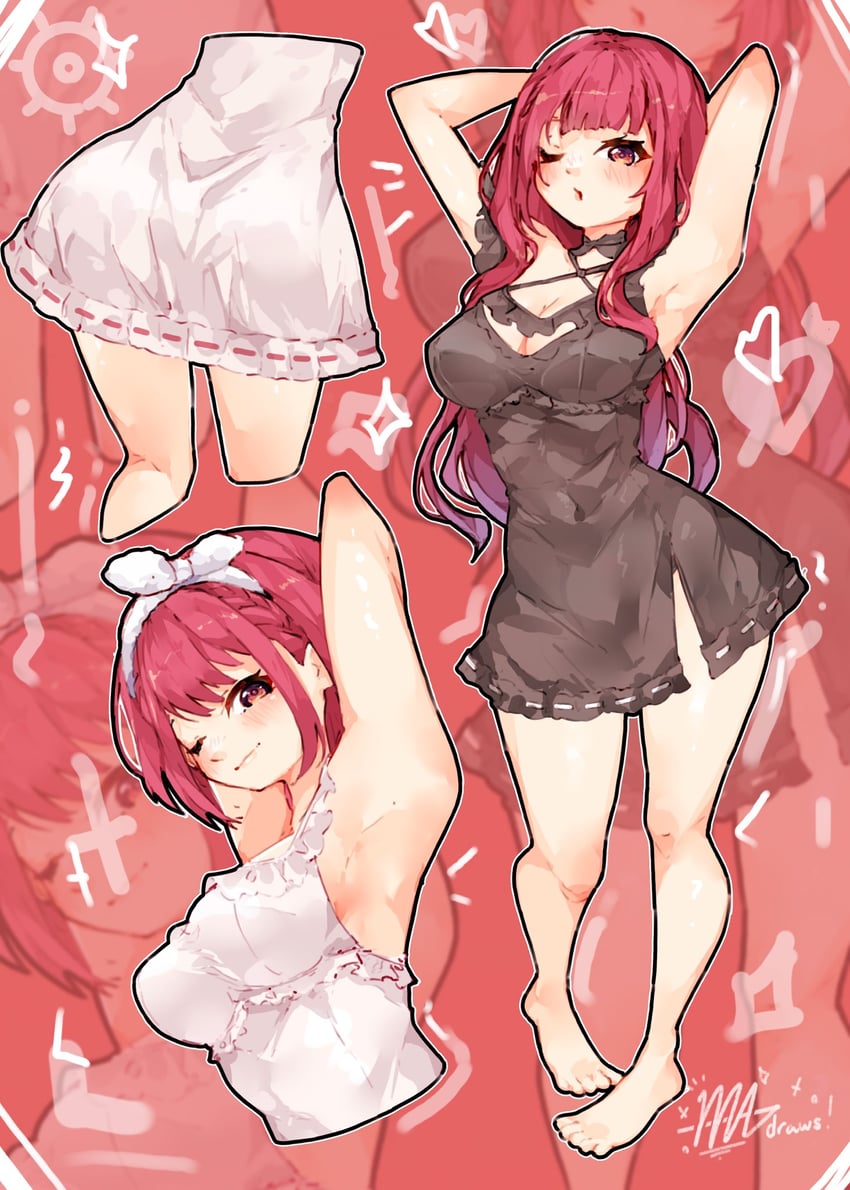 Hololive、宝钟玛琳、宝钟玛琳 (家居服) 1名女孩 腋下 双手抱头 屁股 赤脚
