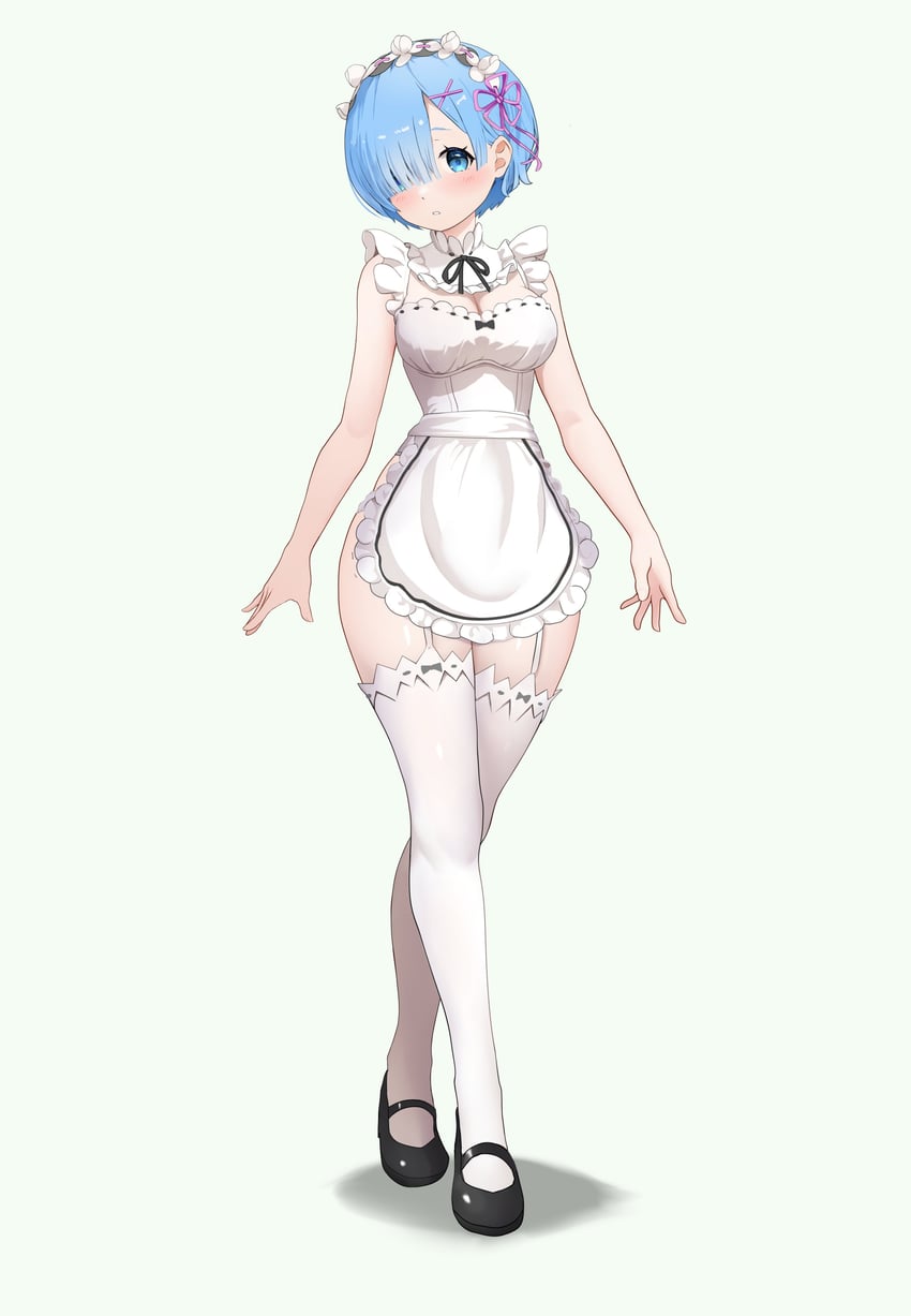 Re:从零开始的异世界生活、雷姆 (从零开始的异世界生活) 1名女孩 围裙 黑鞋 蓝眼 乳房