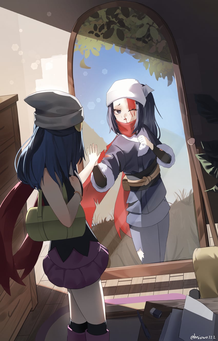 宝可梦、宝可梦 钻石/珍珠/白金、宝可梦传说：阿尔宙斯 2名女孩 包 针织帽 黑衬衫 靴子