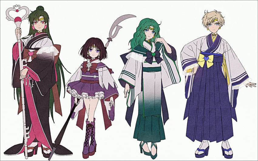 美少女战士、海王满、冥王雪奈 4个女孩 黑色蝴蝶结 黑色和服 黑凉鞋 金发