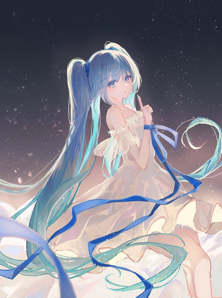 VOCALOID、初音未来 1名女孩 水蓝色指甲 蓝眼 蓝发 蓝色丝带