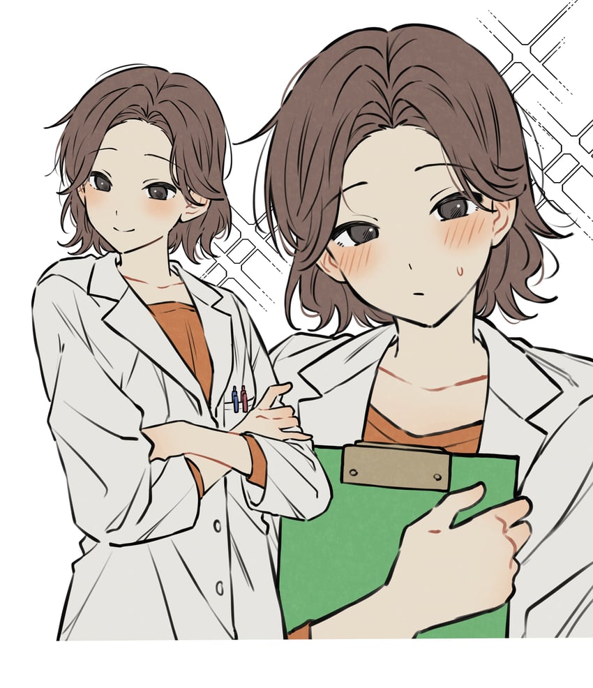 阿斯肯、美纪（Asken） 1名女孩 脸红 胸袋 棕发 写字板