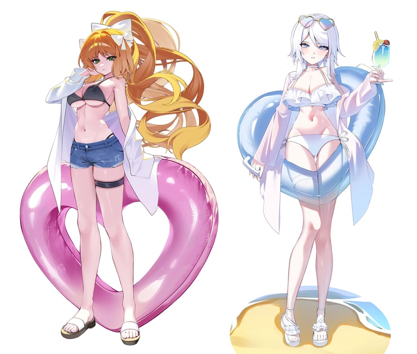 边狱公司、Project Moon、浮士德 (Project Moon) 2名女孩 比基尼 黑色比基尼 蓝色短裤 蝴蝶结