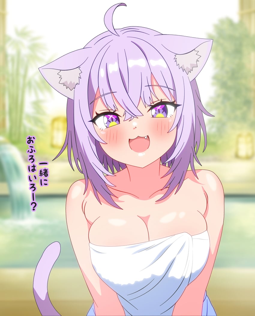 Hololive、猫又小粥 1名女孩 猫脸笑 :D 呆毛 兽耳毛