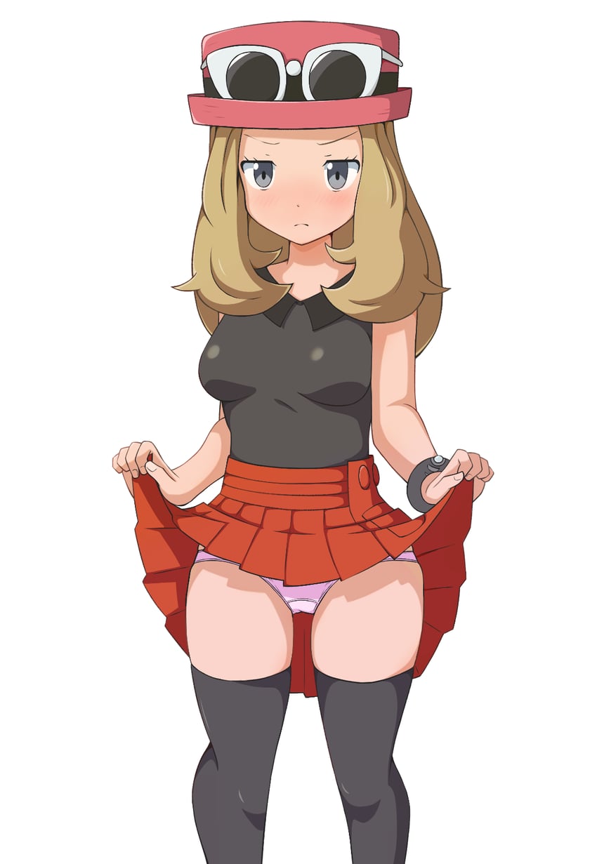 宝可梦、宝可梦 X/Y、莎莉娜 (精灵宝可梦) 黑色过膝袜 乳房 棕发 闭嘴 掀起衣服