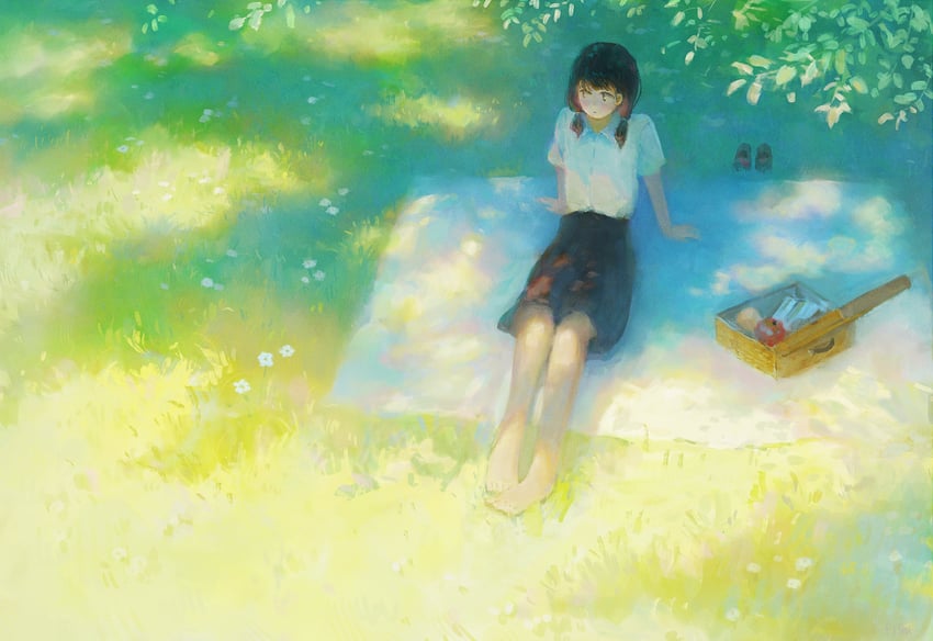 原创 1名女孩 苹果 手臂支撑 赤脚 黑色裙子