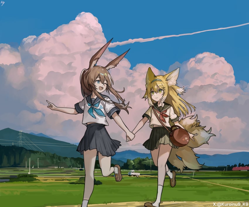 明日方舟、阿米娅 (明日方舟)、铃兰 (明日方舟) 2名女孩 :D 微笑 替换服装 兽耳毛