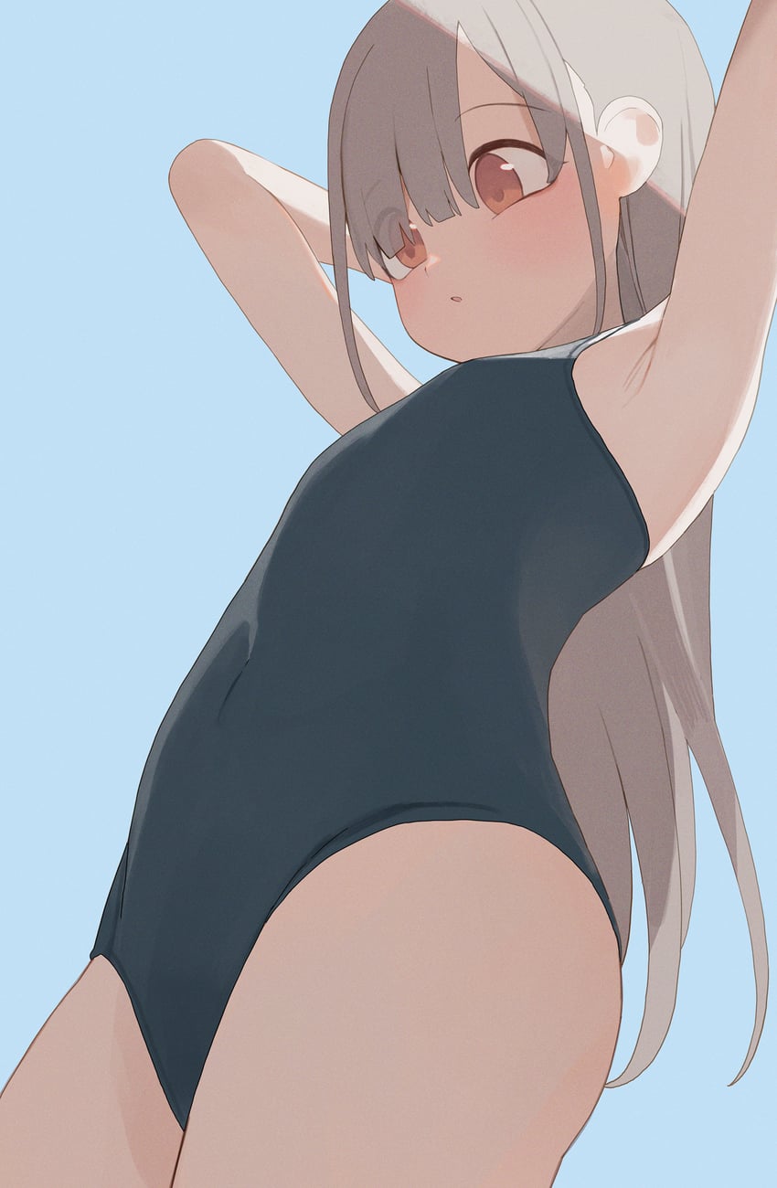 原创 1名女孩 腋下特写 腋下 双手抱头 蓝色背景
