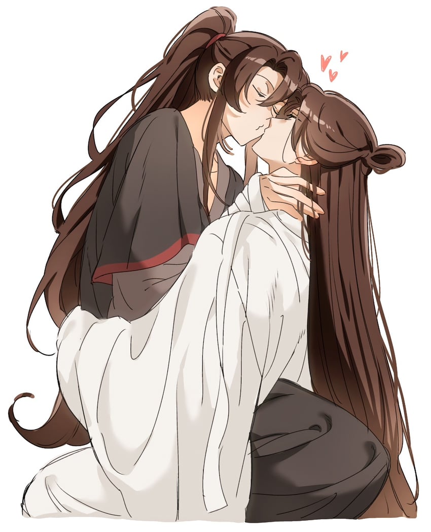 魔道祖师、蓝忘机、魏无羡 2个男孩 黑色汉服 脸红 棕发 携带