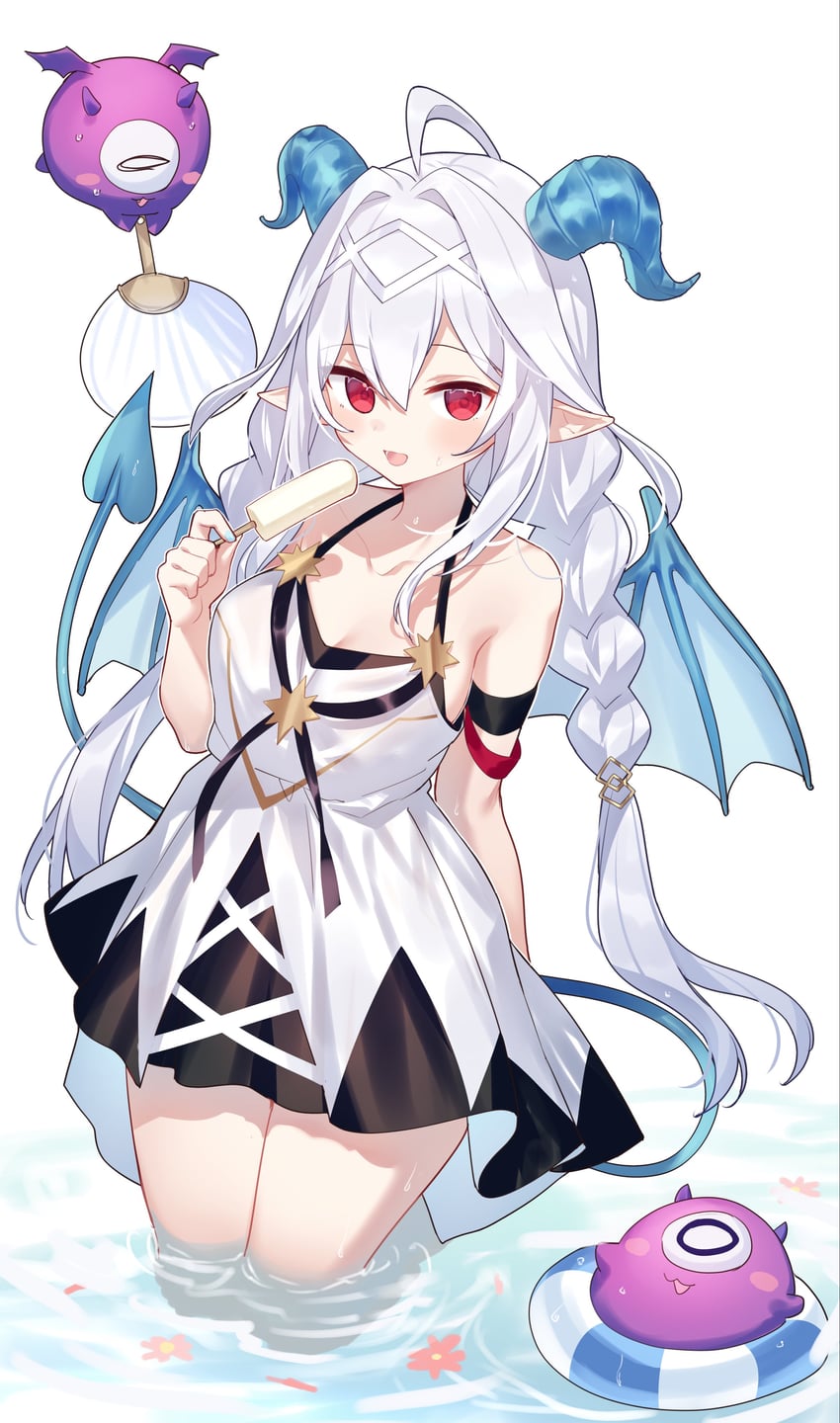 二次元插画 1名女孩 呆毛 蓝角 蓝色尾巴 蓝翼