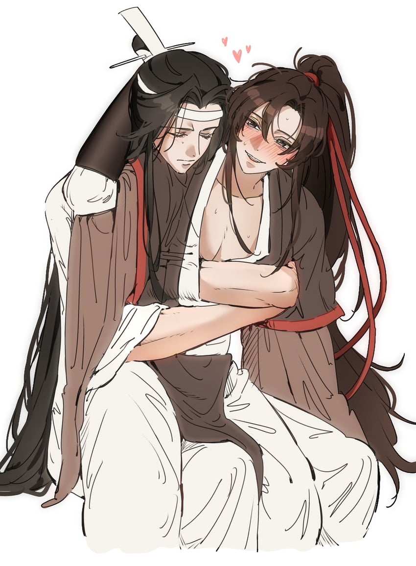 魔道祖师、蓝忘机、魏无羡 2个男孩 黑发 黑色汉服 脸红 棕发