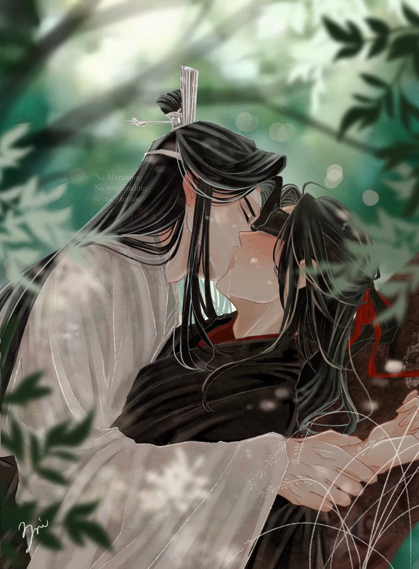 魔道祖师、蓝忘机、魏无羡 2个男孩 靠在树上 作者名 美少年 黑发