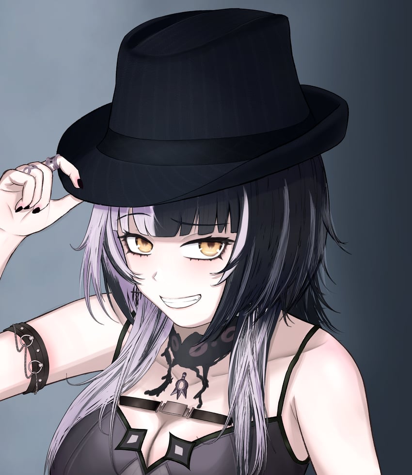 Hololive、Hololive英语、诗织·诺维拉 1名女孩 露肩 黑发 黑帽子 黑色指甲