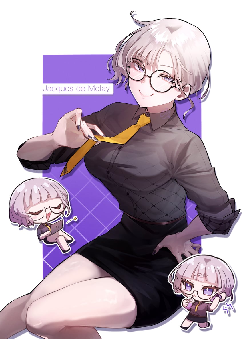 Fate/Grand Order、Fate系列、雅克·德·莫莱 (Foreigner) (Fate) 1名女孩 在电脑前 黑衬衫 黑色裙子 乳房
