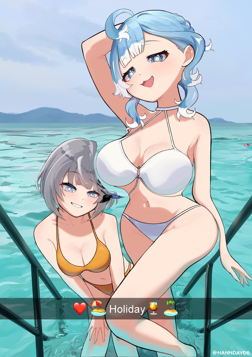 Hololive、Hololive Indonesia、Kobo Kanaeru 2名女孩 比基尼 蓝眼 蓝发 脸红