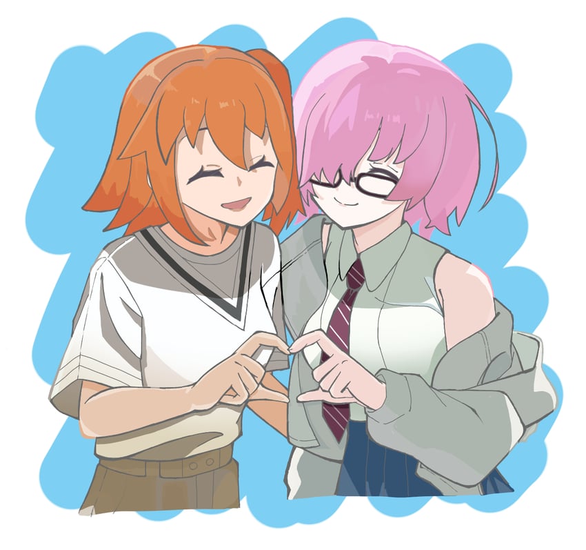 Fate/Grand Order、Fate系列、藤丸立香 (女性) 2名女孩 露肩 闭眼 闭嘴 斜条纹衣服