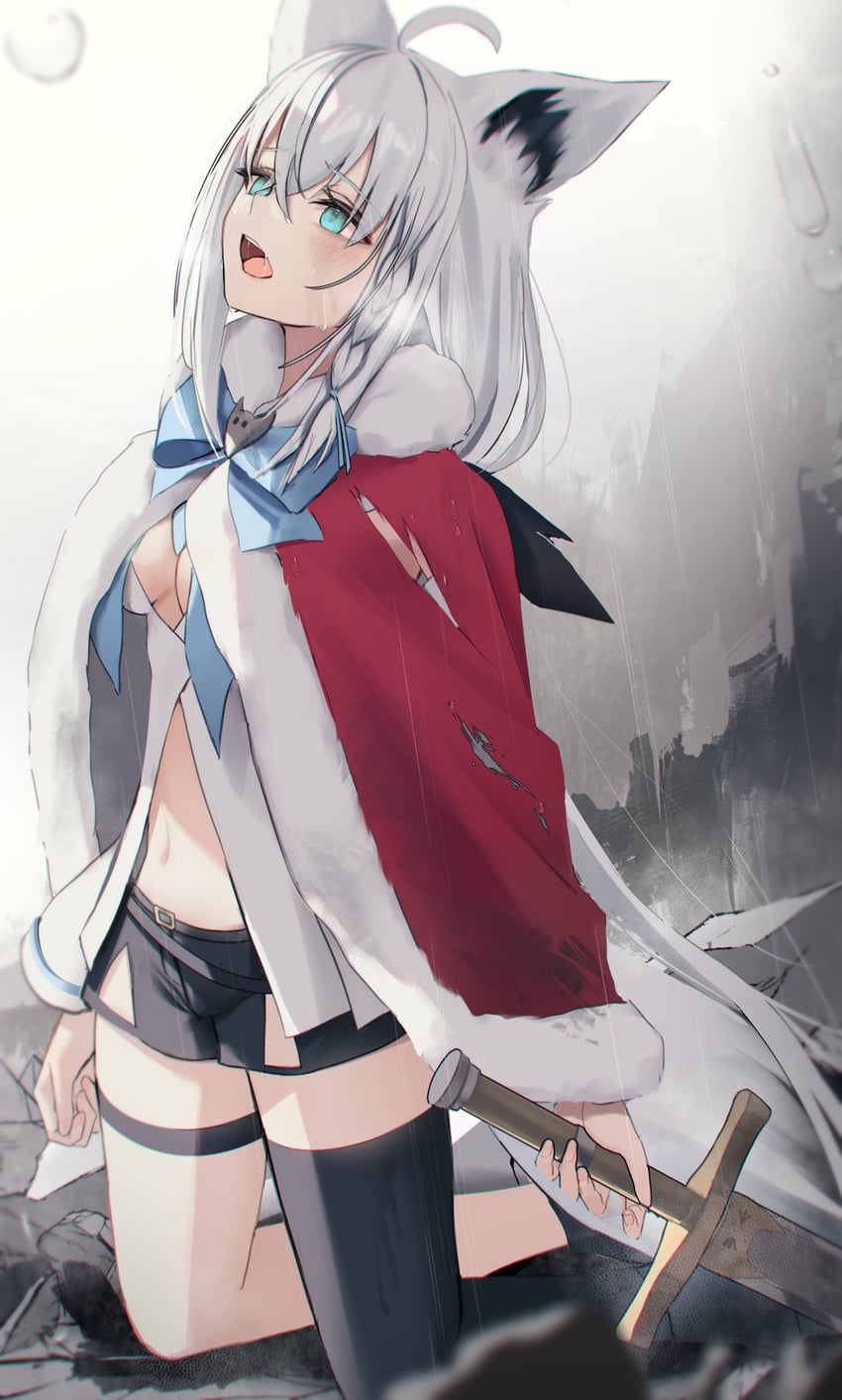 Hololive、白上吹雪 1名女孩 兽耳毛 兽耳 黑色短裤 黑色过膝袜