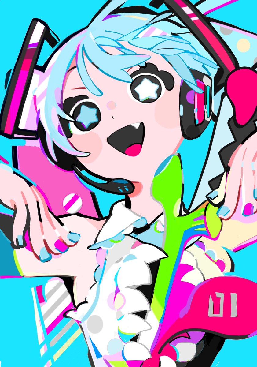 VOCALOID、初音未来 1名女孩 举起双手 蓝色背景 蓝眼 蓝发