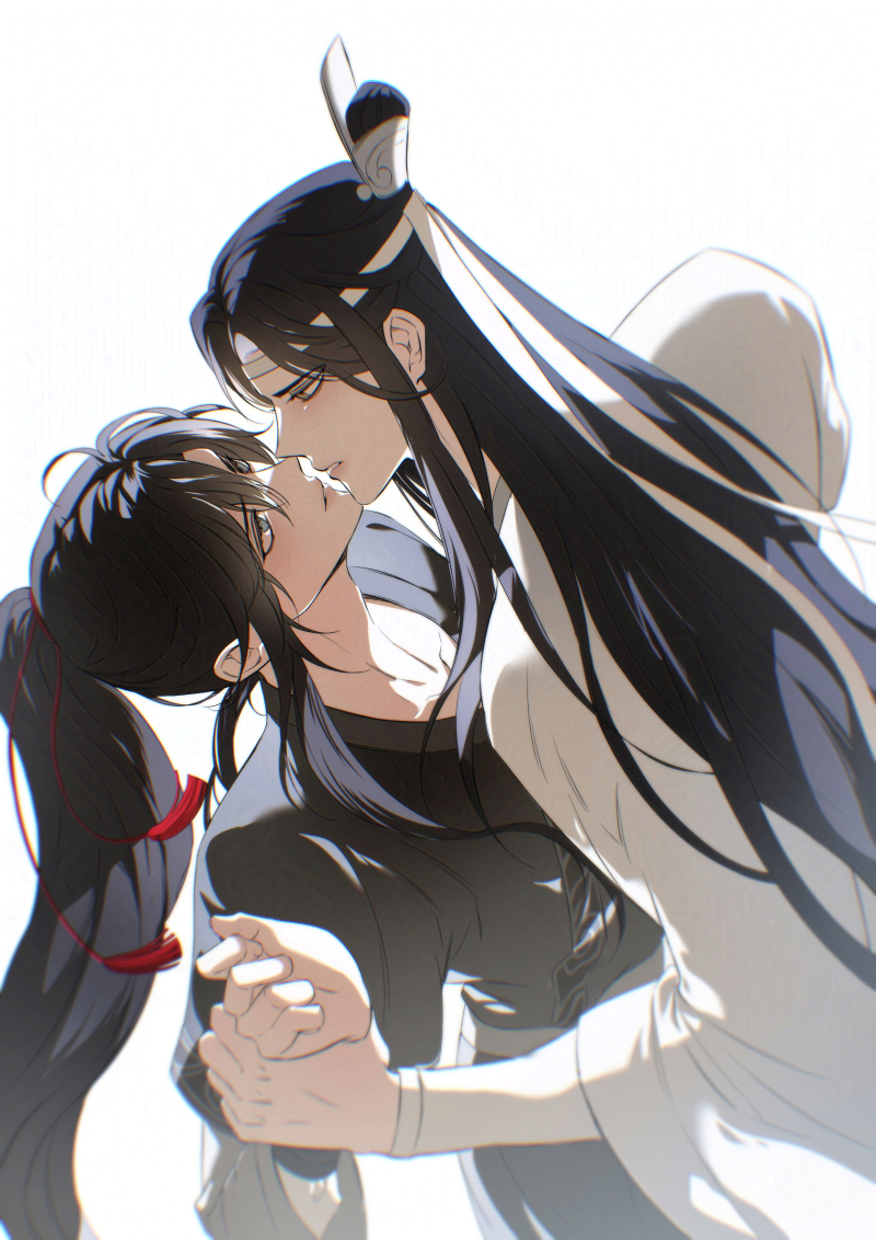 魔道祖师、蓝忘机、魏无羡 2个男孩 美少年 黑发 黑色汉服 脸红