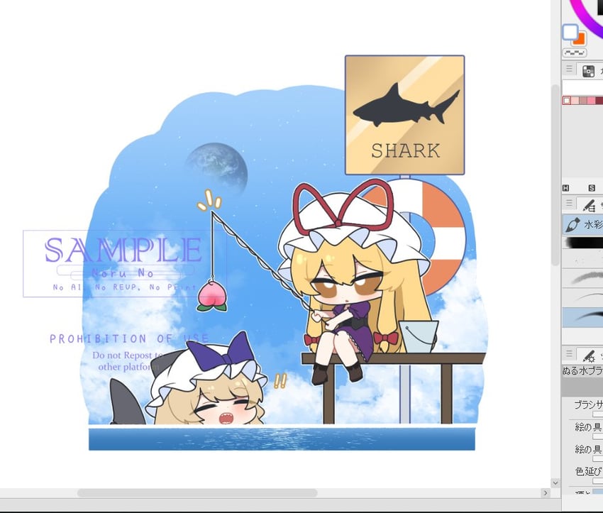 东方Project、绵月丰姬、watatsuki no toyohime (shark) ! 双重感叹号 2名女孩 画框中的绘图软件 金发