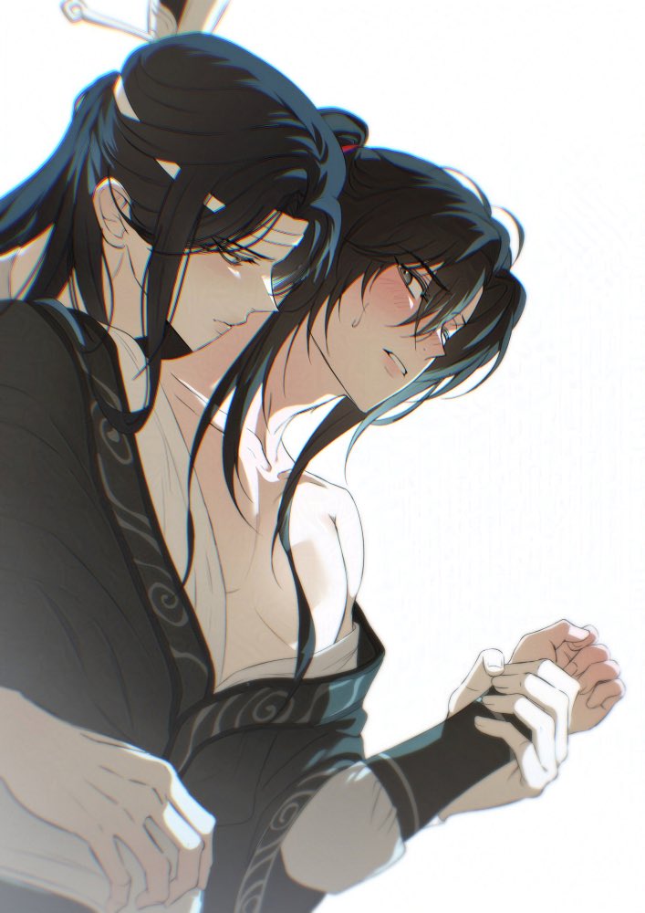 魔道祖师、蓝忘机、魏无羡 2个男孩 裸露胸肌 黑发 黑色汉服 脸红