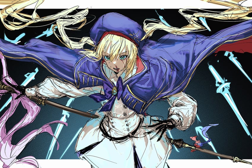 Fate/Grand Order、Fate系列、阿尔托莉雅·卡斯特 (Fate) 1名女孩 黑色手套 血 蓝色小披肩 蝴蝶结