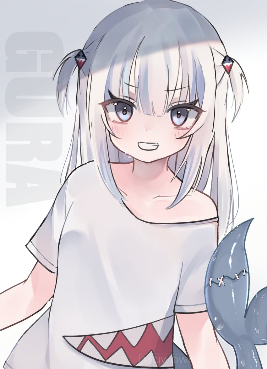 Hololive、Hololive英语、噶呜·古拉 1名女孩 蓝眼 蓝发 齐刘海 脸红