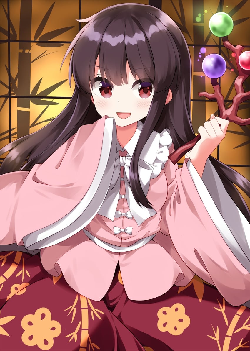东方Project、蓬莱山辉夜 1名女孩 竹子印花 脸红 蝴蝶结 蝶形领结