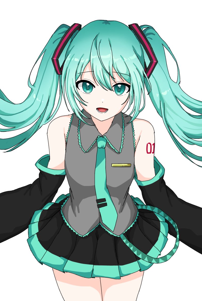 VOCALOID、初音未来 1名女孩 水色瞳 水色发 水蓝色指甲 水蓝色领带