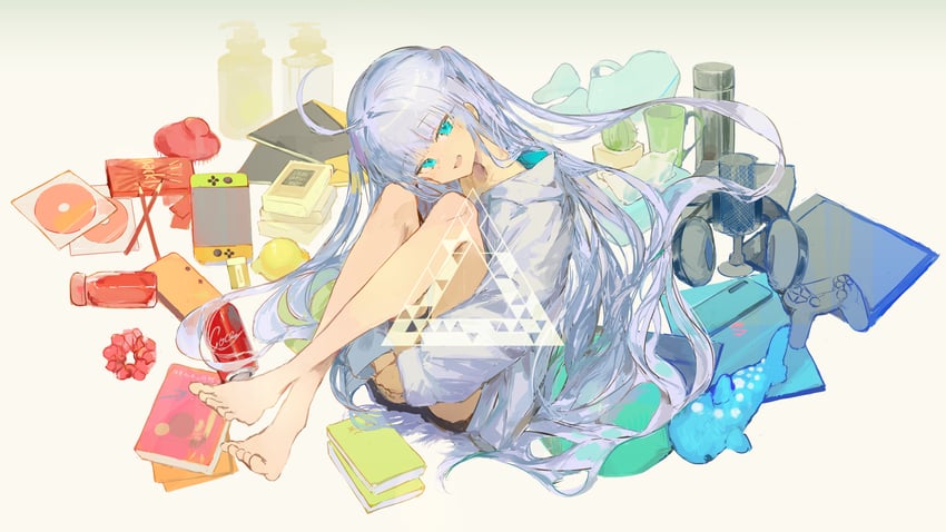原创 1名女孩 呆毛 水色瞳 赤脚 书
