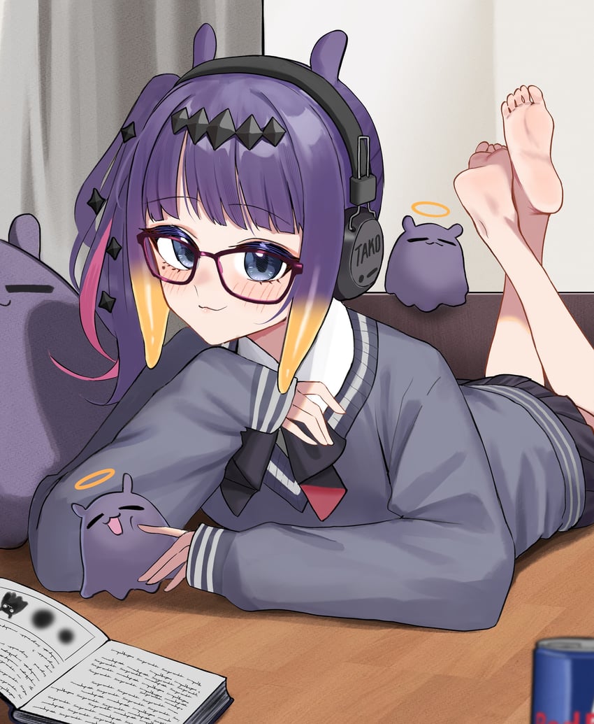 Hololive、Hololive英语、一伊那尔栖 1名女孩 赤脚 黑色蝴蝶结 黑色蝶形领结 黑色裙子