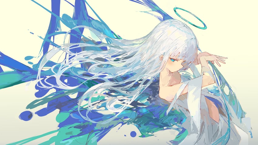 原创 1名女孩 水色瞳 露肩 飘逸长发 侧视
