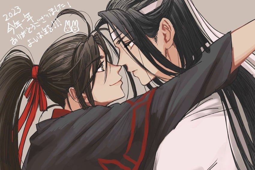 魔道祖师、蓝忘机、魏无羡 2个男孩 呆毛 美少年 黑发 黑色汉服