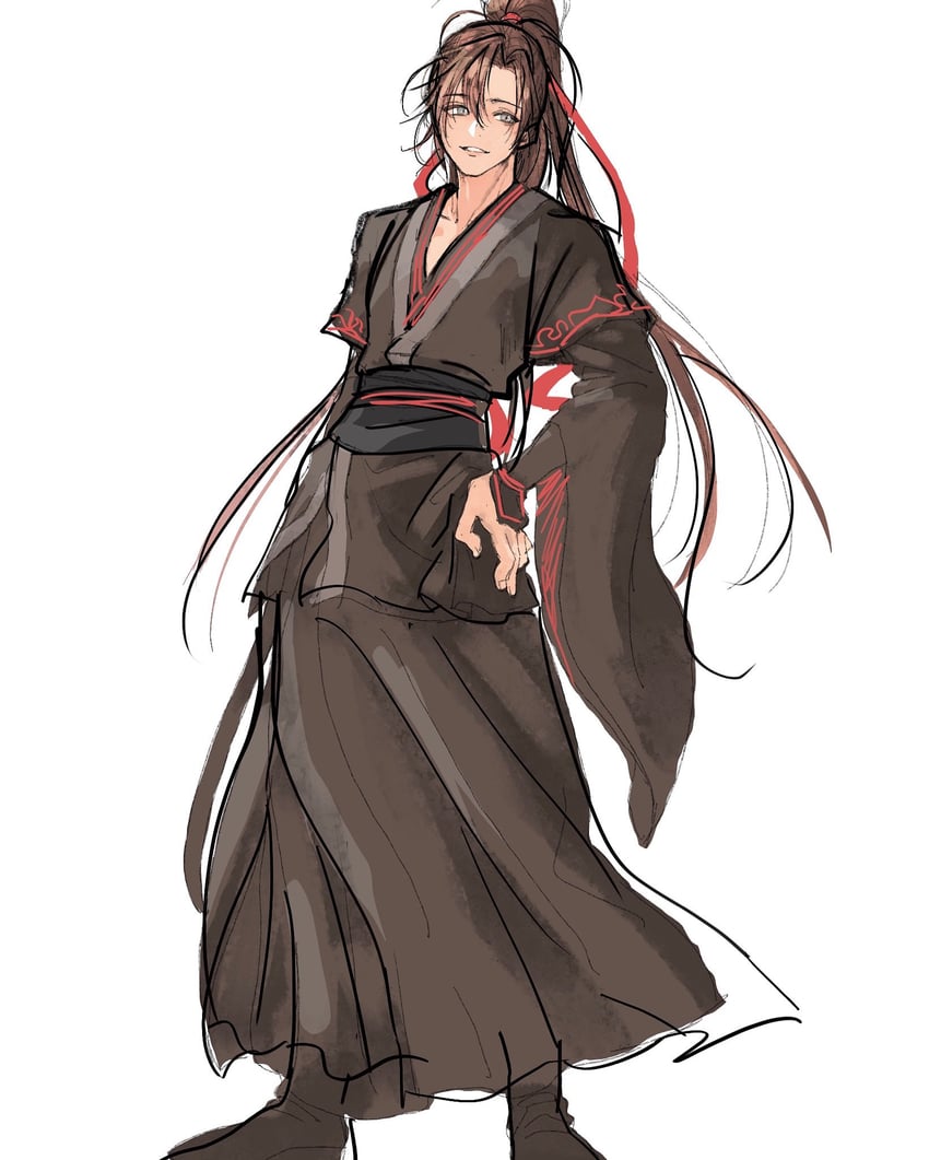 魔道祖师、魏无羡 1名男孩 黑色靴子 黑发 黑色汉服 黑饰带