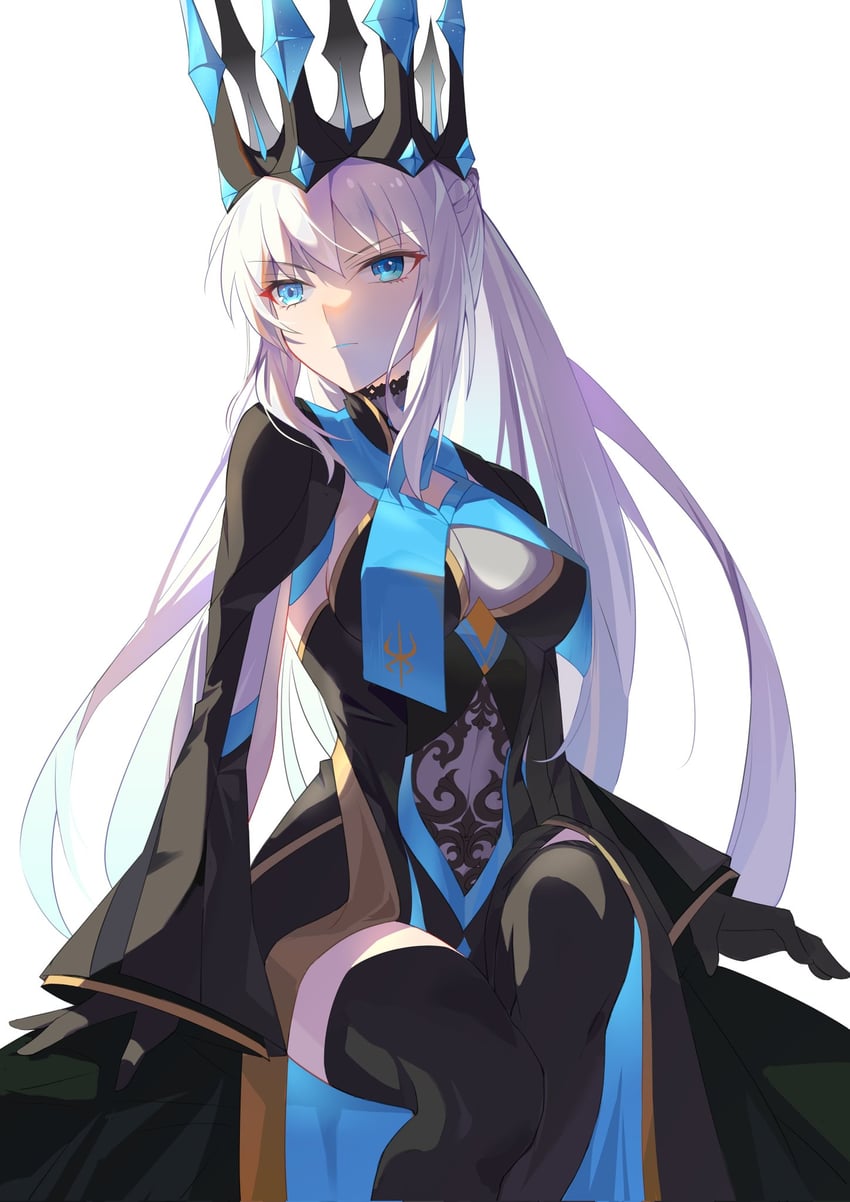 Fate/Grand Order、Fate系列、摩根勒菲 (Fate) 1名女孩 黑色连衣裙 黑色手套 黑色过膝袜 蓝眼