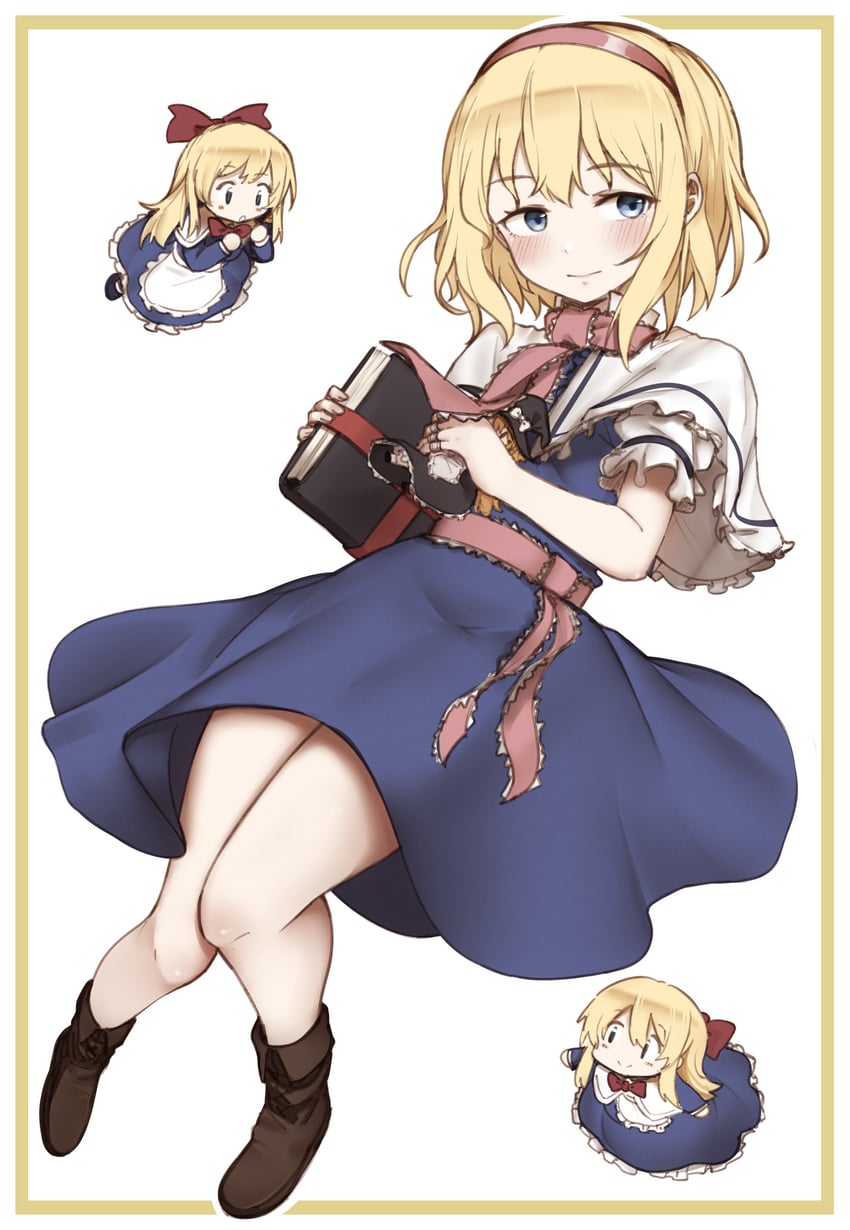 东方Project、爱丽丝·玛格特罗依德、雾雨魔理沙 1名女孩 金发 蓝色连衣裙 蓝眼 脸红