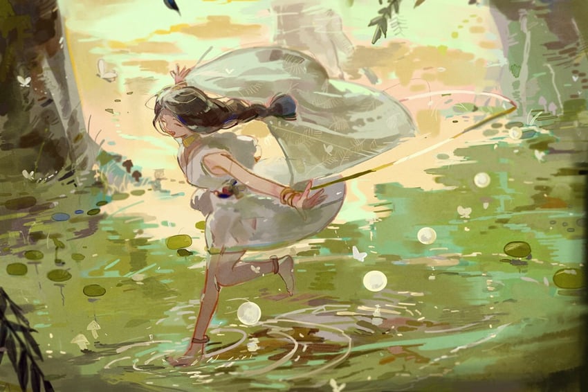 原创 1名女孩 脚链 赤脚 辫子 辫子马尾
